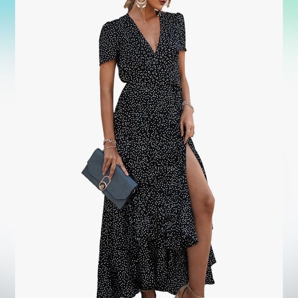 Polkadot Summer dress Wrap Black and White Maxi Sundress with Flutter Sleeves M